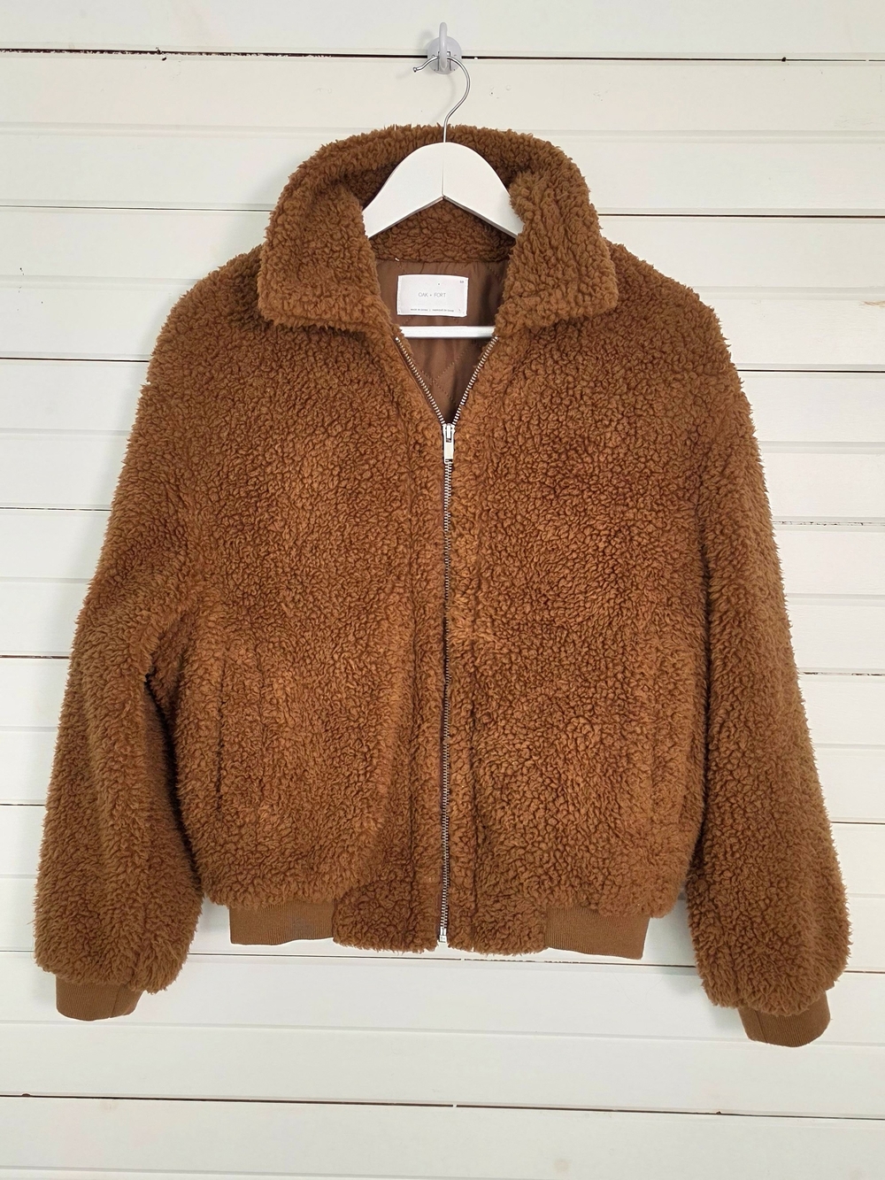 OAK + FORT Teddy Bomber Jacket | Women's Small | Brown Camel Sherpa Fleece LNWOT
